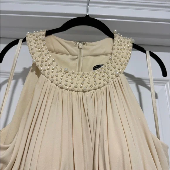 Jessica Howard Cream and Brown Pearl-Trim Formal Dress